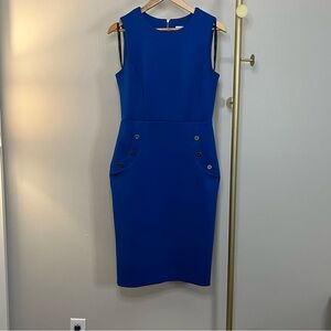 Calvin Klein Royal Blue Button Faux Pocket Midi Sheath Dress